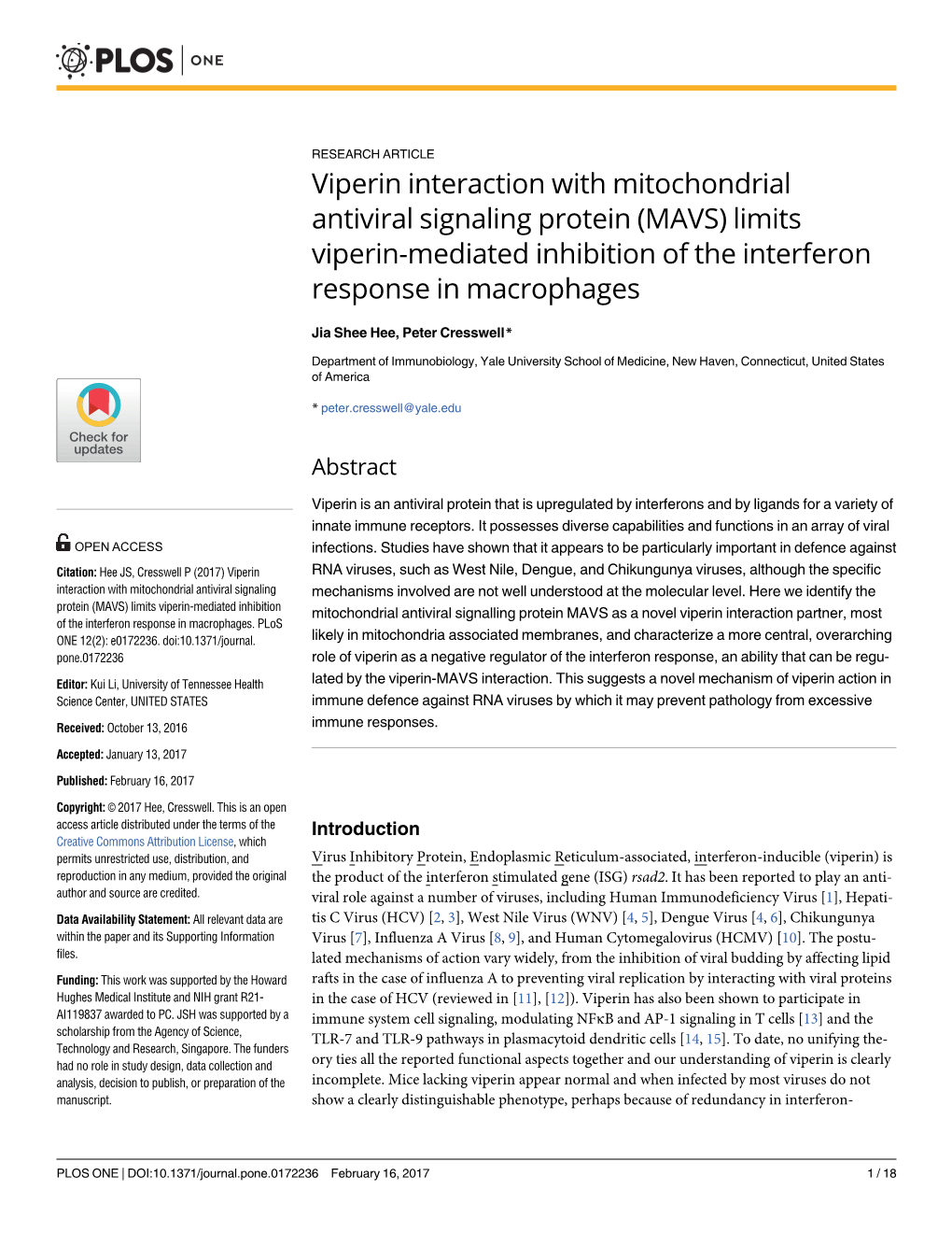 Viperin Interaction with Mitochondrial Antiviral Signaling Protein (MAVS) Limits Viperin-Mediated Inhibition of the Interferon Response in Macrophages