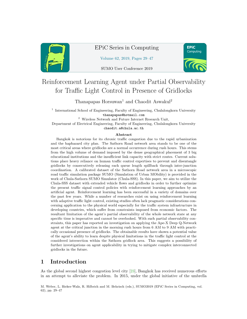 Reinforcement Learning Agent Under Partial Observability for Traffic Light