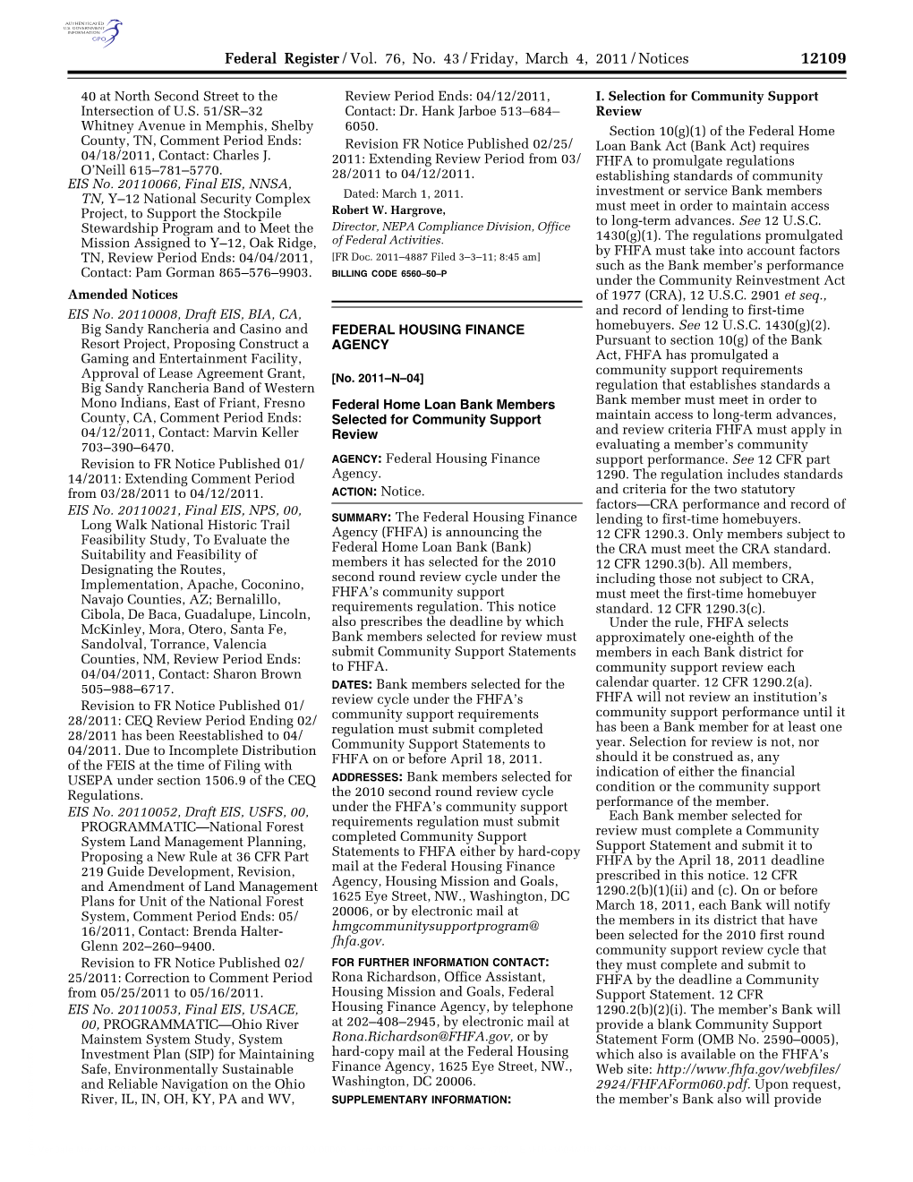 Federal Register/Vol. 76, No. 43/Friday, March 4, 2011/Notices