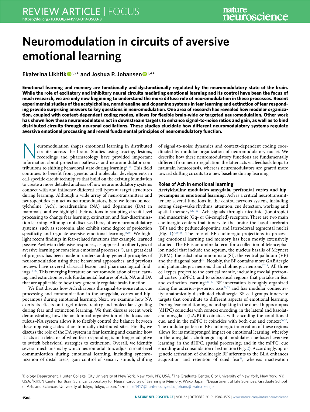 Neuromodulation in Circuits of Aversive Emotional Learning