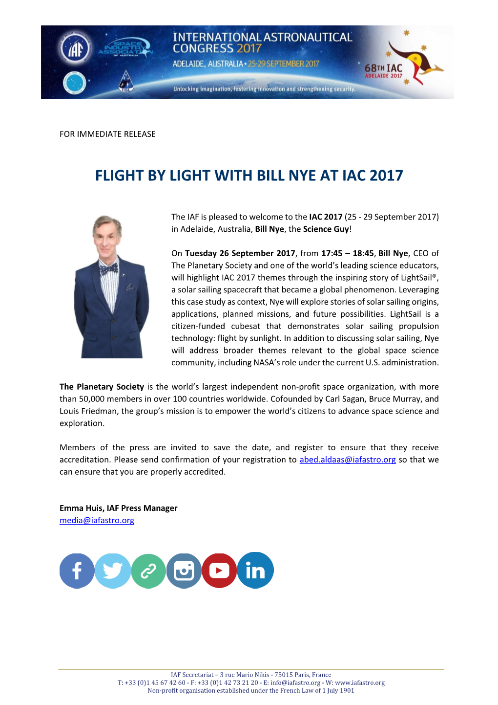 Flight by Light with Bill Nye at Iac 2017