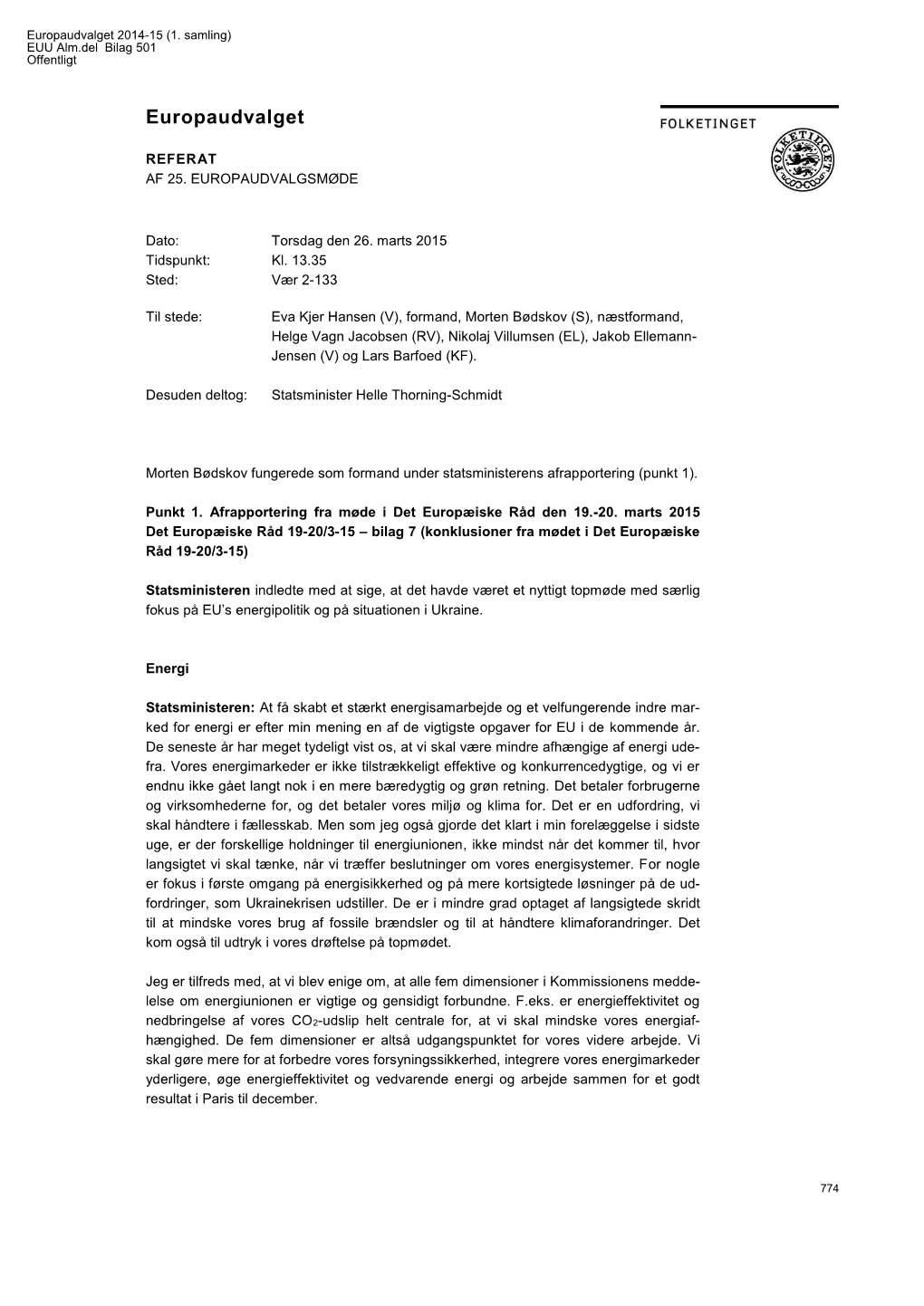 EUU Alm.Del Bilag 501: Offentligt Udvalgsmødereferat M 25 26/3-15