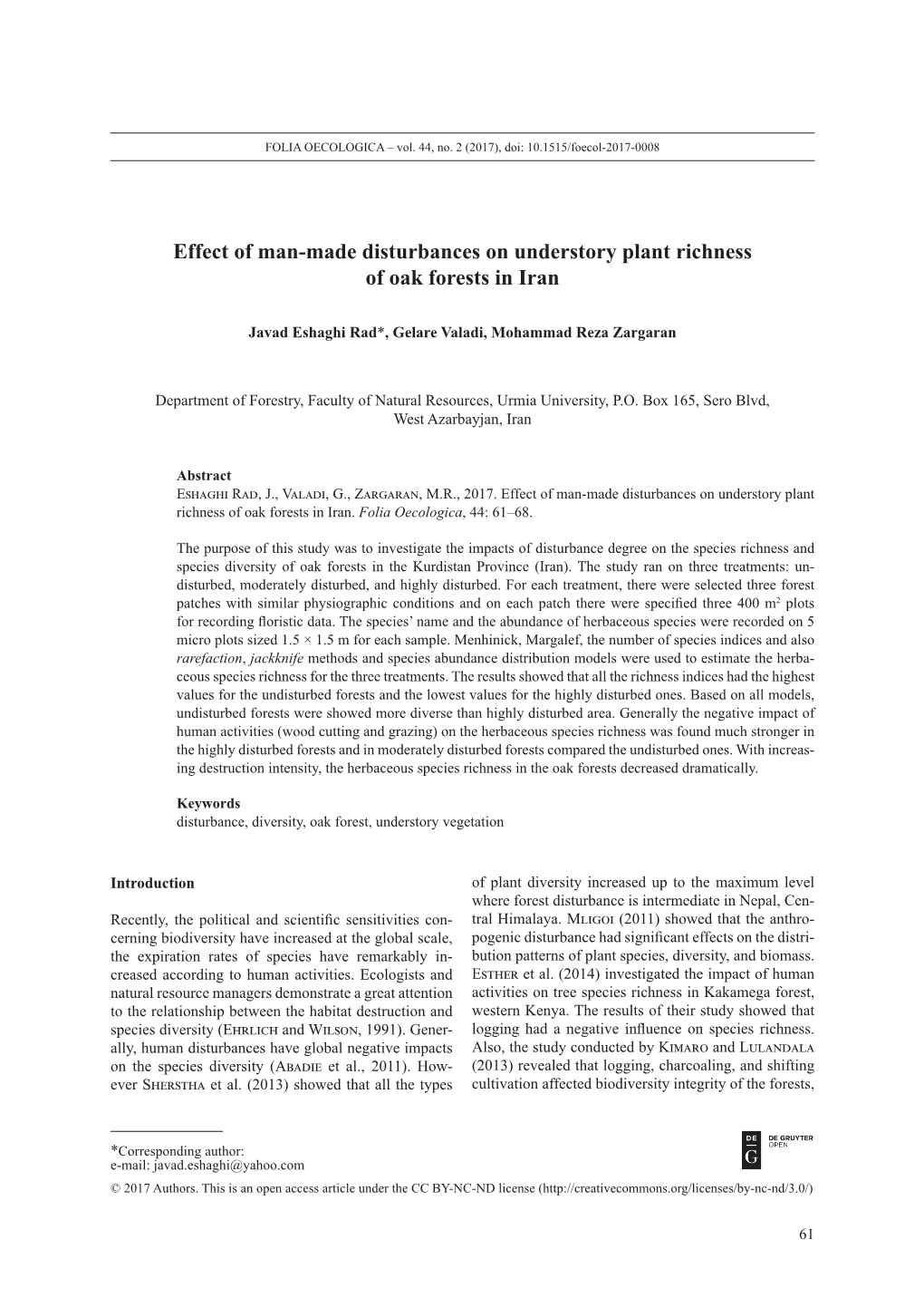 Effect of Man-Made Disturbances on Understory Plant Richness of Oak Forests in Iran