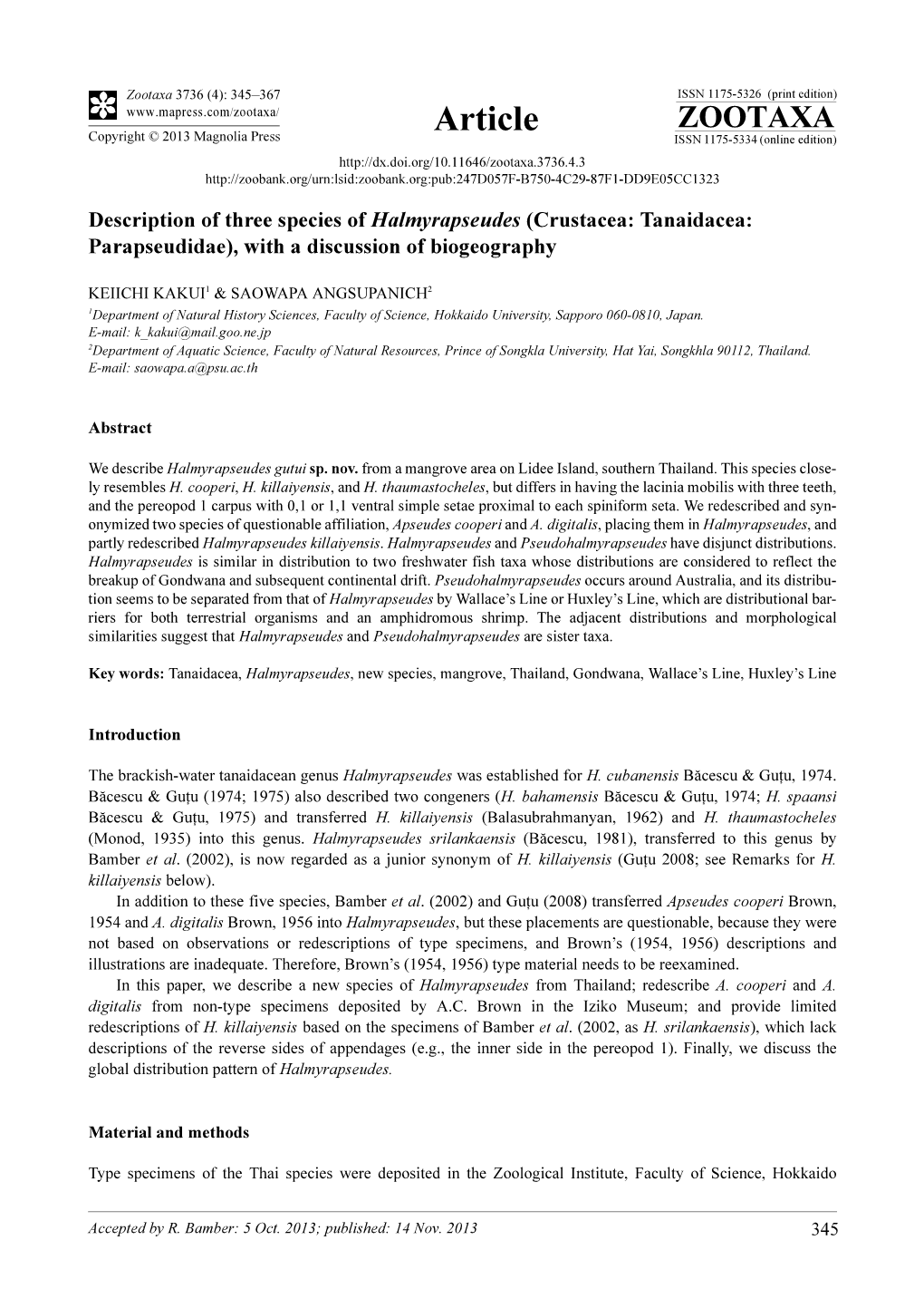 (Crustacea: Tanaidacea: Parapseudidae), with a Discussion of Biogeography