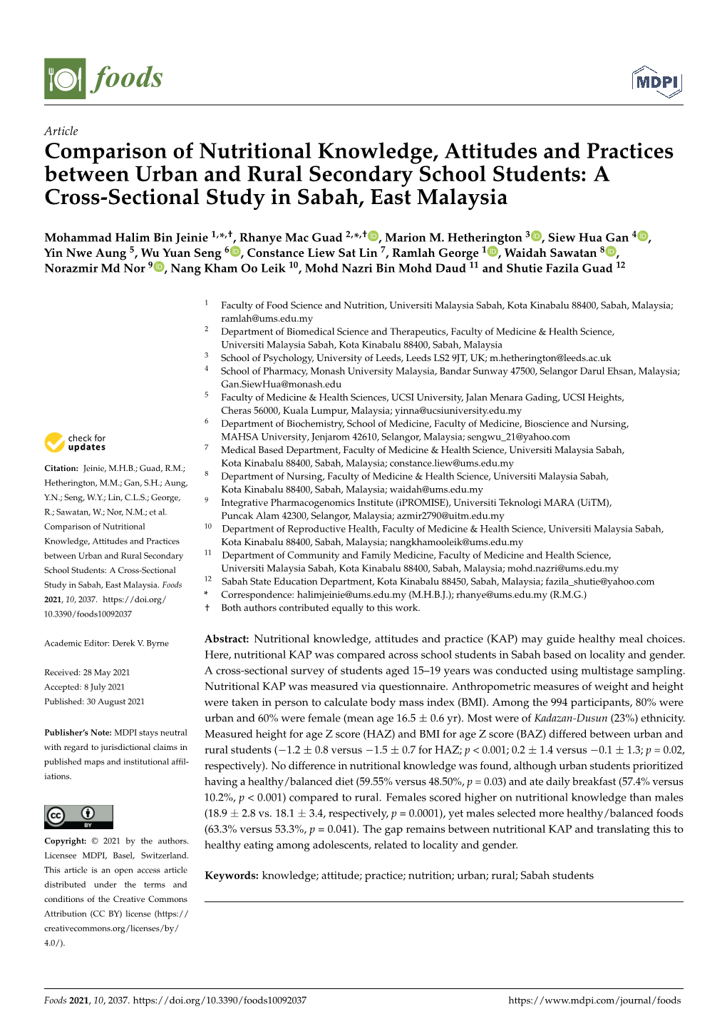 Comparison of Nutritional Knowledge, Attitudes and Practices Between Urban and Rural Secondary School Students: a Cross-Sectional Study in Sabah, East Malaysia