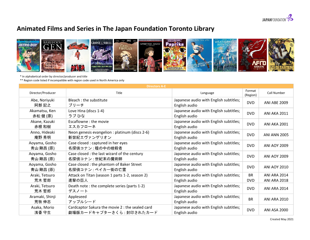 Animated Films and Series in the Japan Foundation Toronto Library