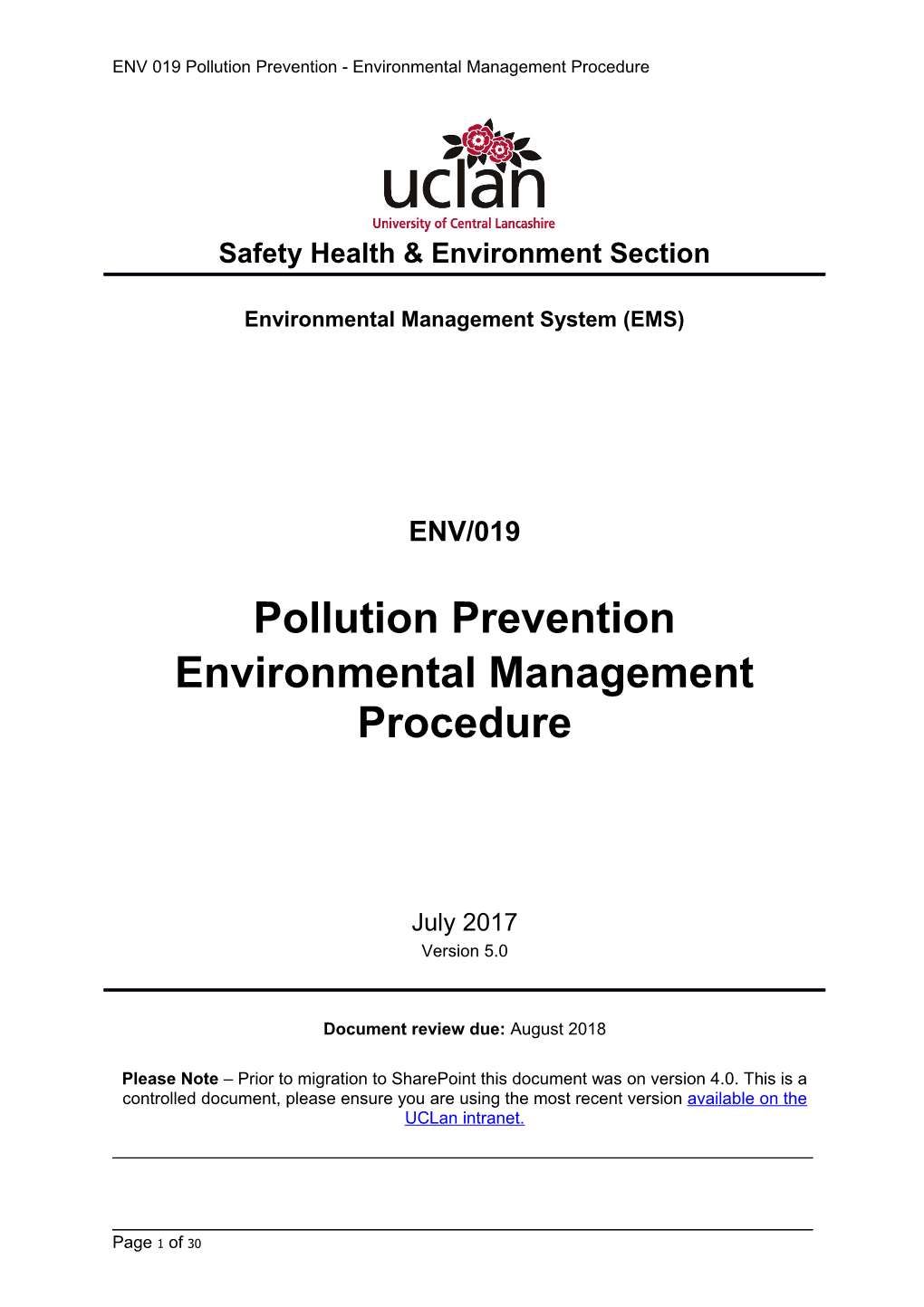 ENV 019 Pollution Prevention - Environmental Management Procedure