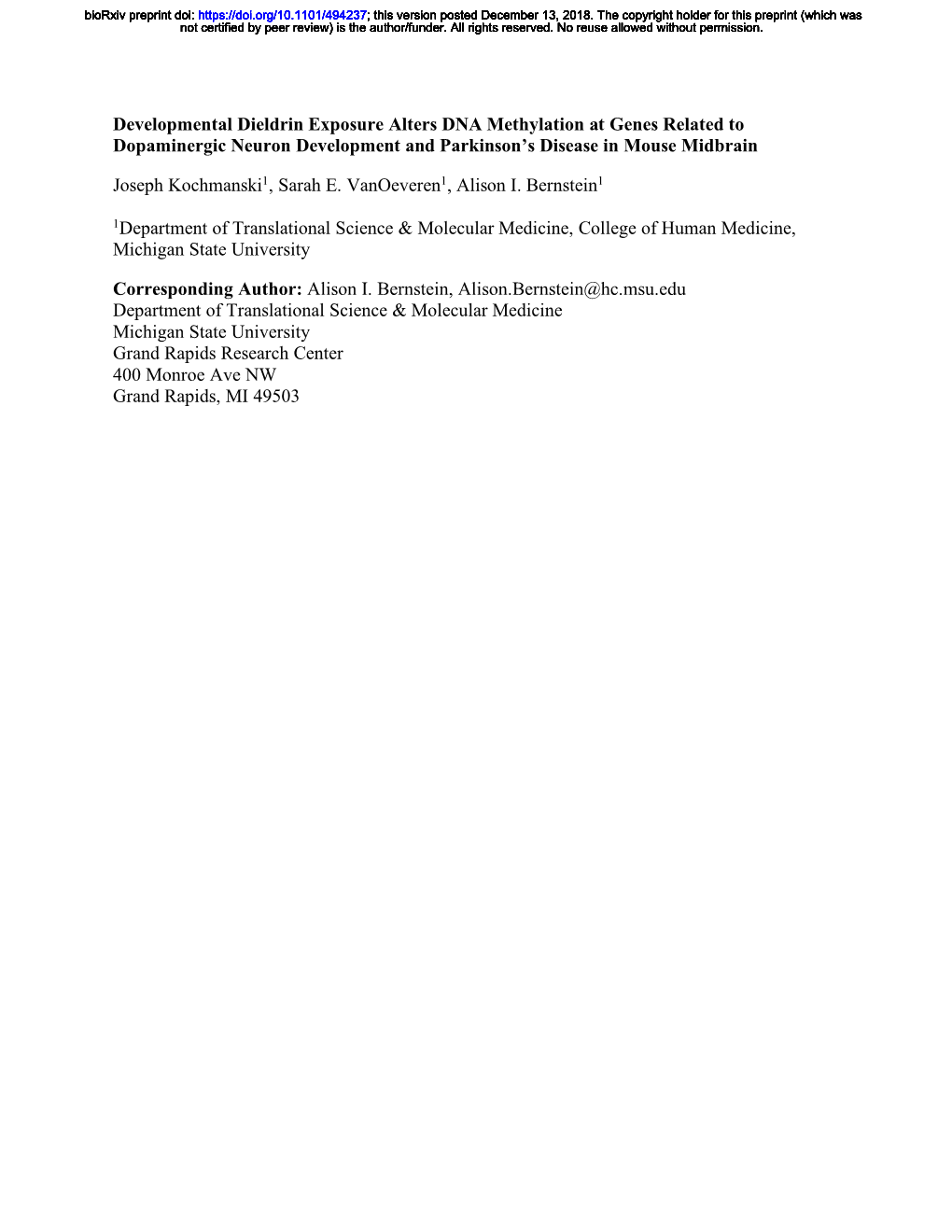 Developmental Dieldrin Exposure Alters DNA Methylation at Genes Related to Dopaminergic Neuron Development and Parkinson’S Disease in Mouse Midbrain