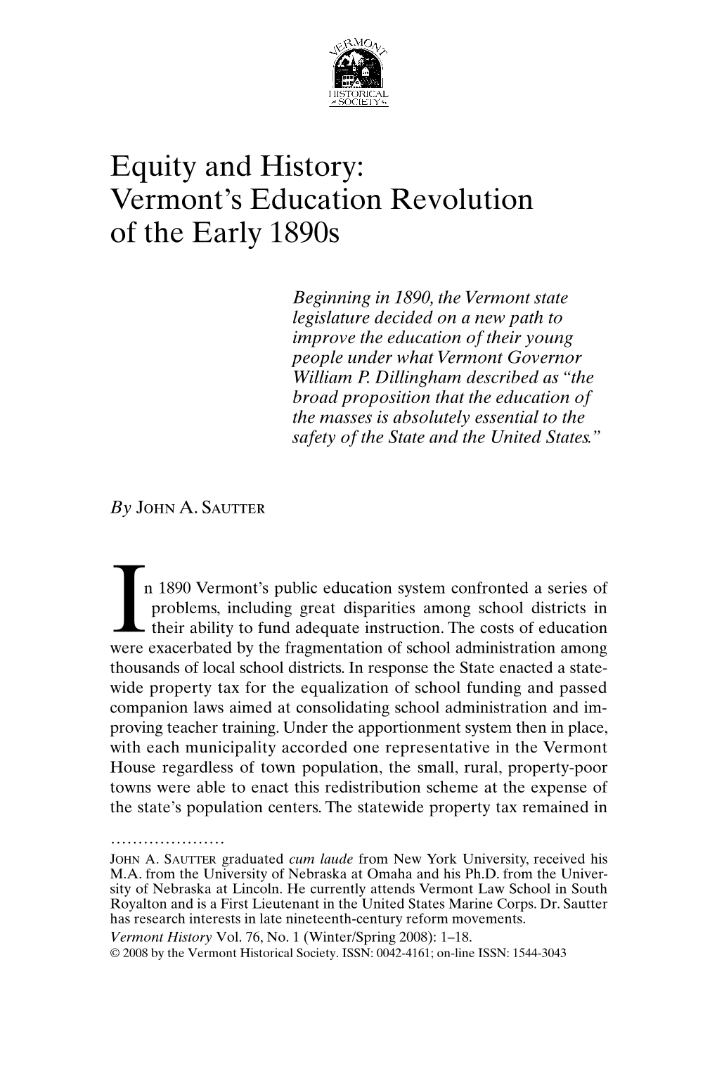 Equity and History: Vermont's Education Revolution of the Early