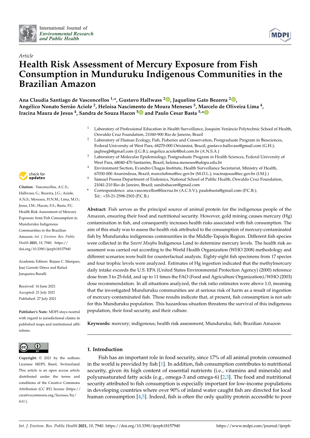 Health Risk Assessment of Mercury Exposure from Fish Consumption in Munduruku Indigenous Communities in the Brazilian Amazon