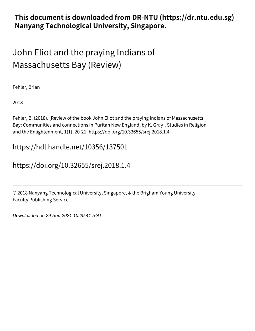 John Eliot and the Praying Indians of Massachusetts Bay (Review)