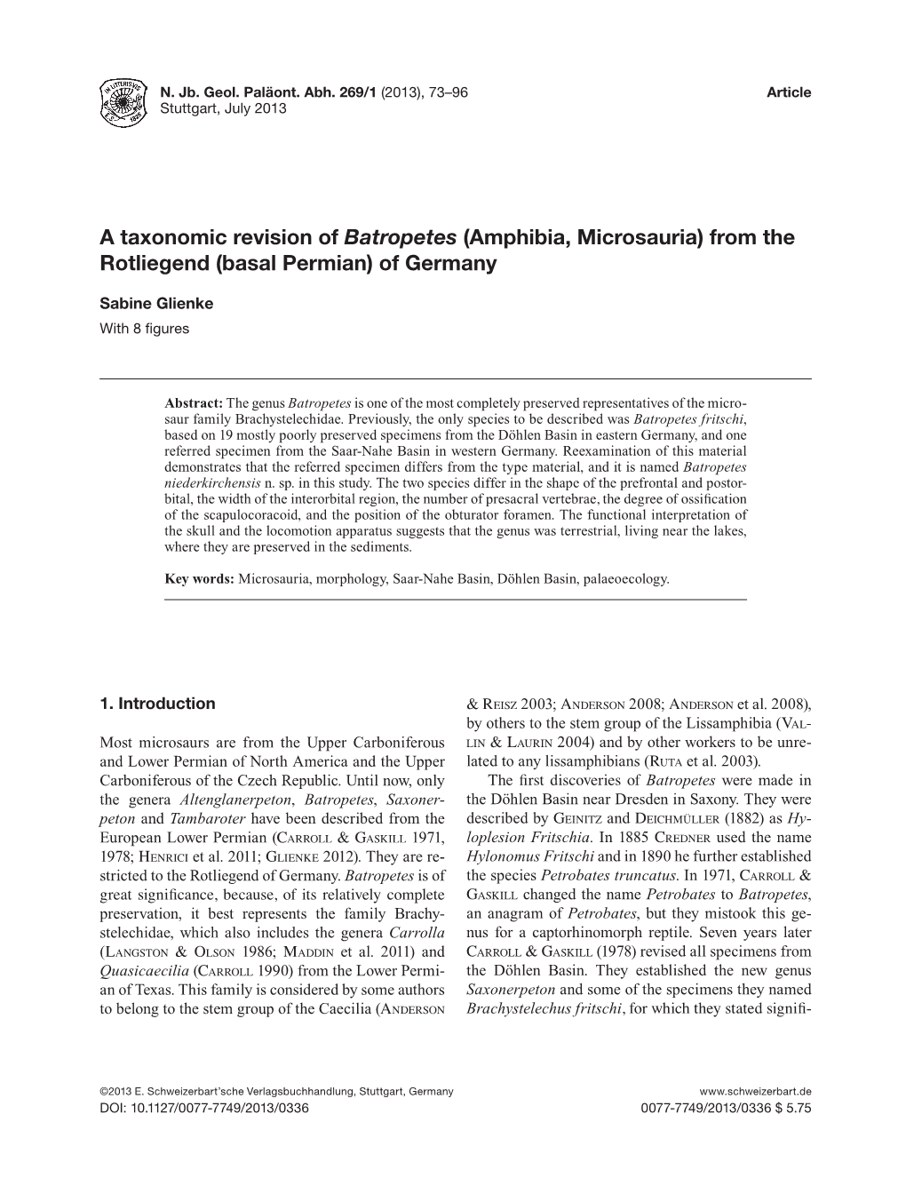 A Taxonomic Revision of Batropetes (Amphibia, Microsauria) from the Rotliegend (Basal Permian) of Germany