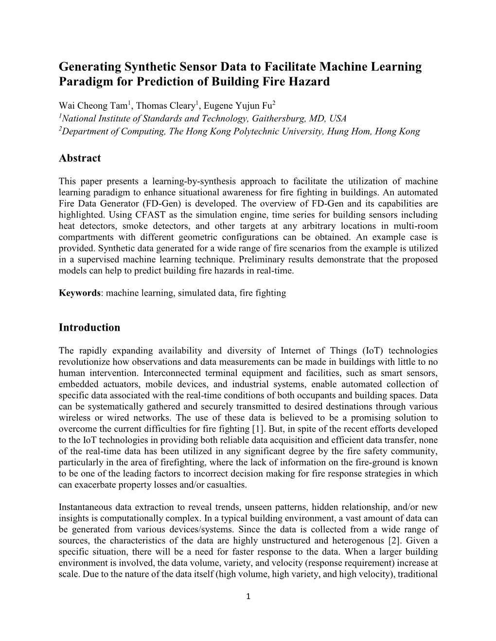 Generating Synthetic Sensor Data to Facilitate Machine Learning Paradigm for Prediction of Building Fire Hazard