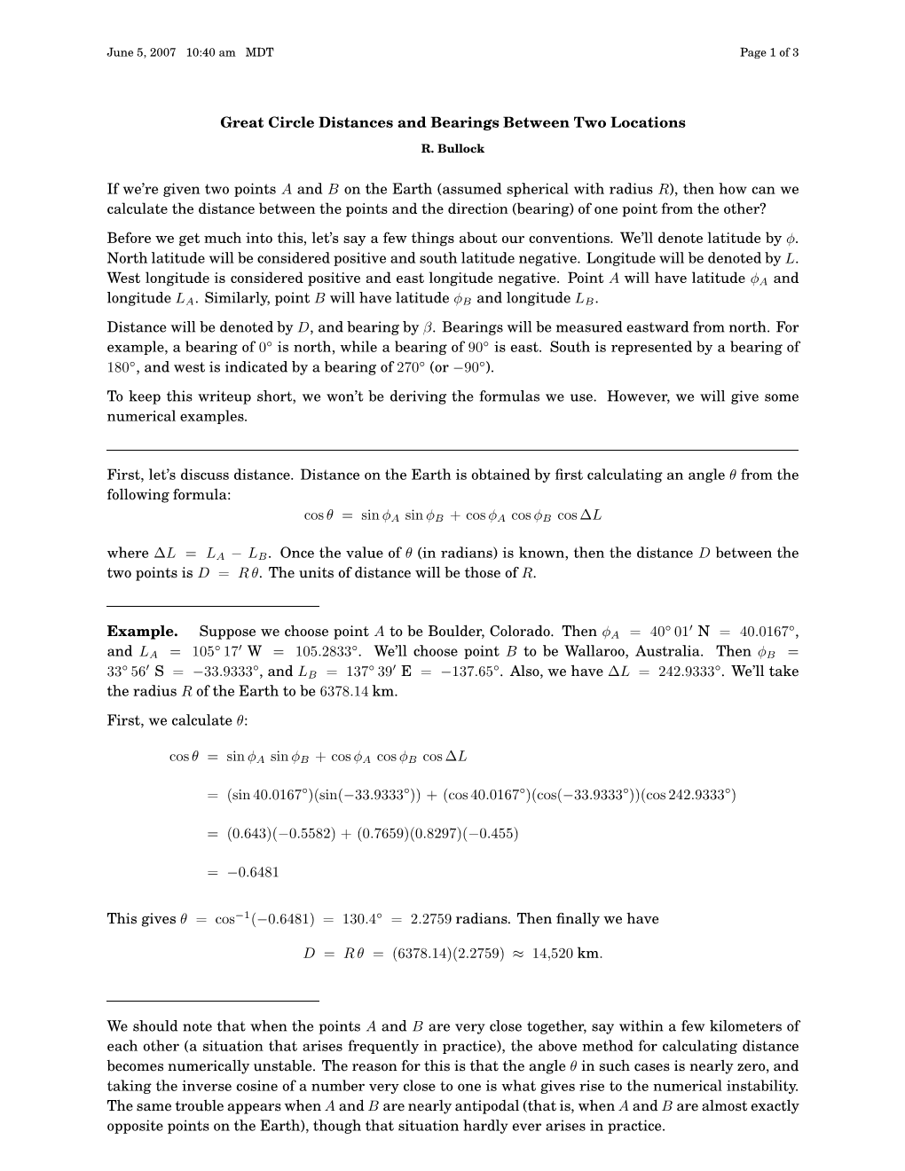 Great Circle Distances and Bearings Between Two Locations If We're Given Two Points a and B on the Earth (Assumed Spherical Wi