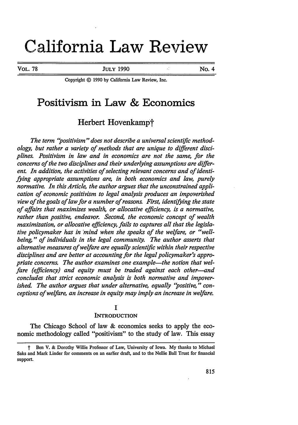 Positivism in Law & Economics