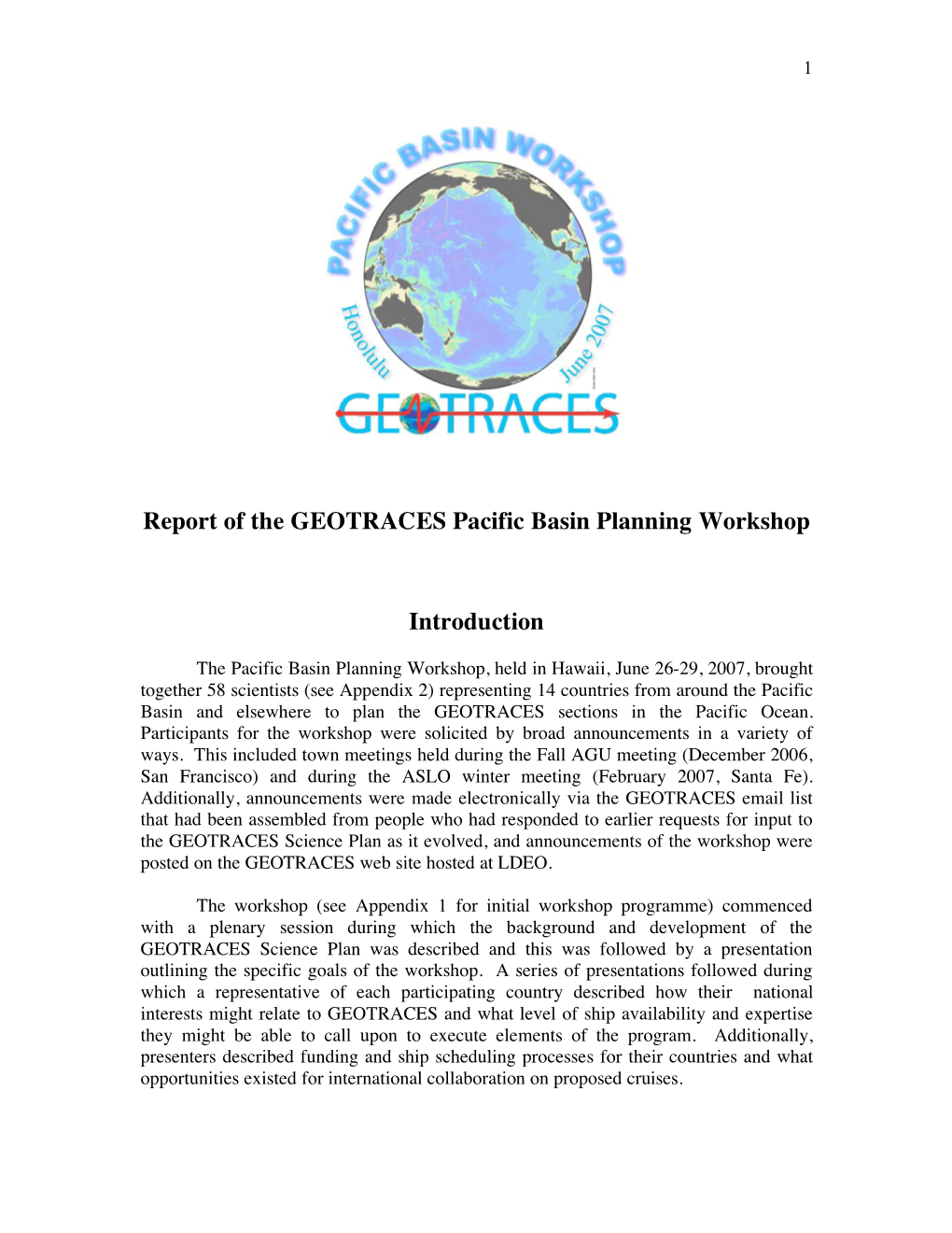 Report of the GEOTRACES Pacific Basin Planning Workshop