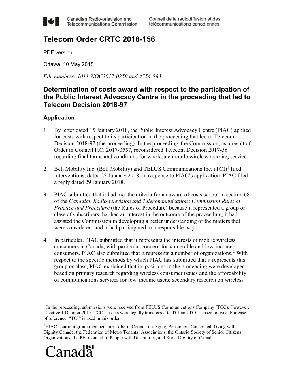 Determination of Costs Award with Respect to the Participation of the Public Interest Advocacy Centre in the Proceeding That Led to Telecom Decision 2018-97