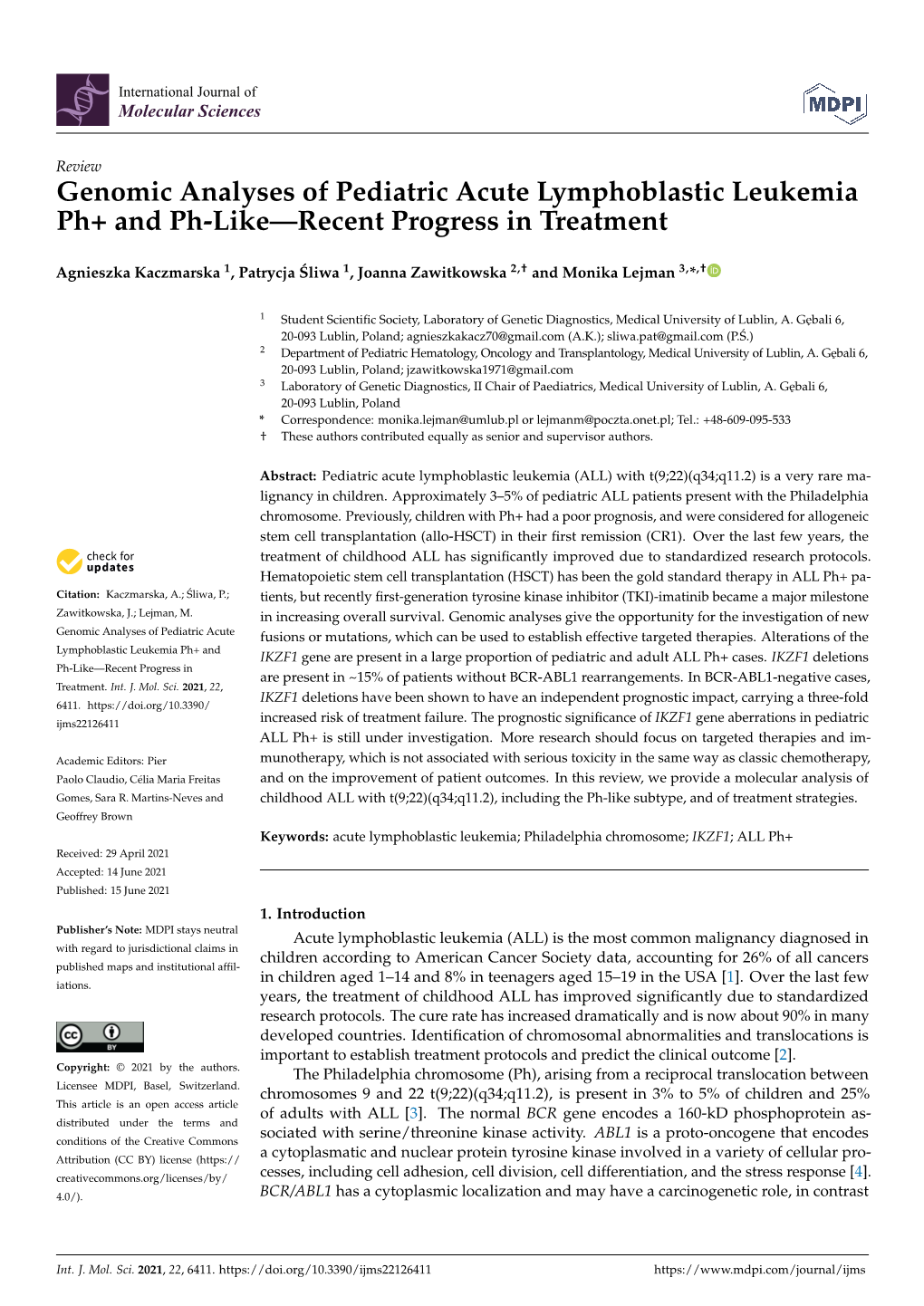 Genomic Analyses of Pediatric Acute Lymphoblastic Leukemia Ph+ and Ph-Like—Recent Progress in Treatment