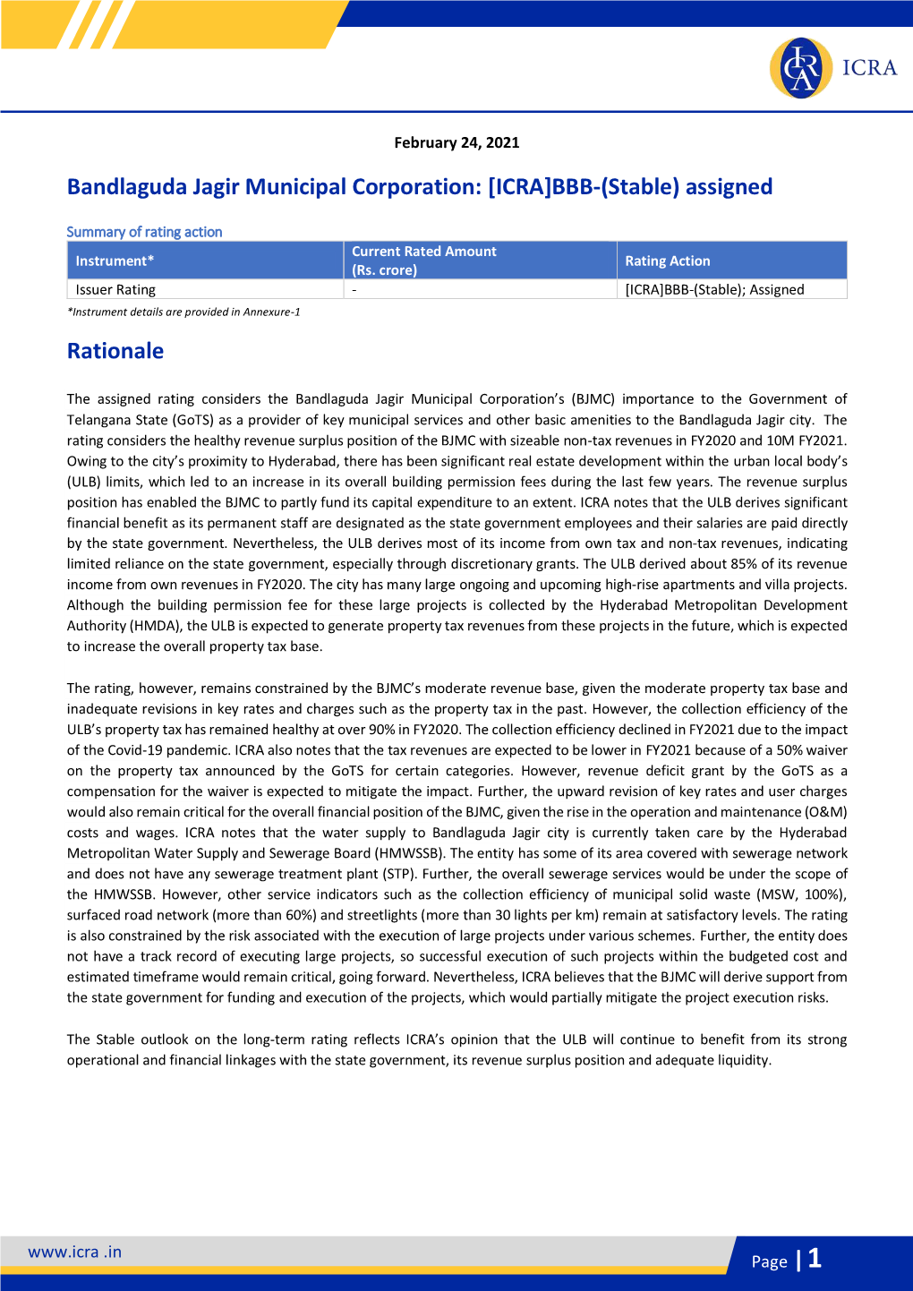 Bandlaguda Jagir Municipal Corporation: [ICRA]BBB-(Stable) Assigned