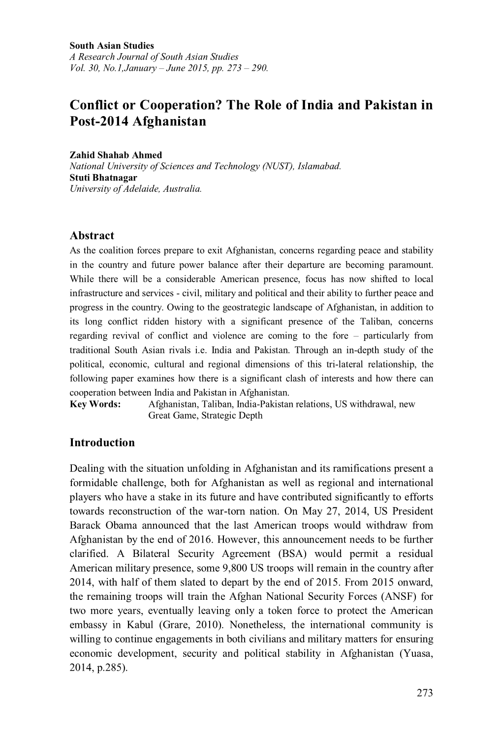 Conflict Or Cooperation? the Role of India and Pakistan in Post-2014 Afghanistan