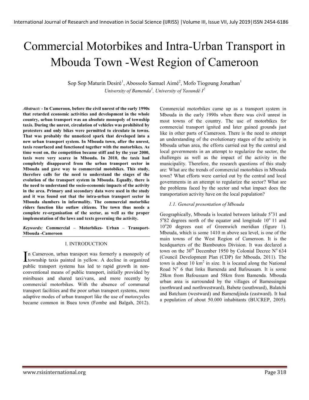 Commercial Motorbikes and Intra-Urban Transport in Mbouda Town -West Region of Cameroon