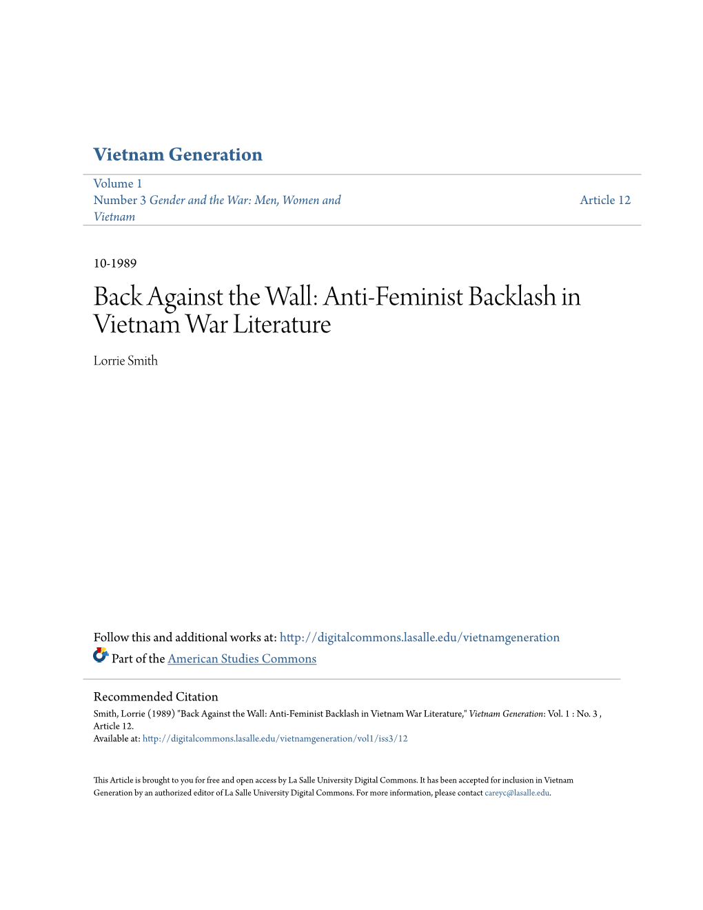 Back Against the Wall: Anti-Feminist Backlash in Vietnam War Literature Lorrie Smith