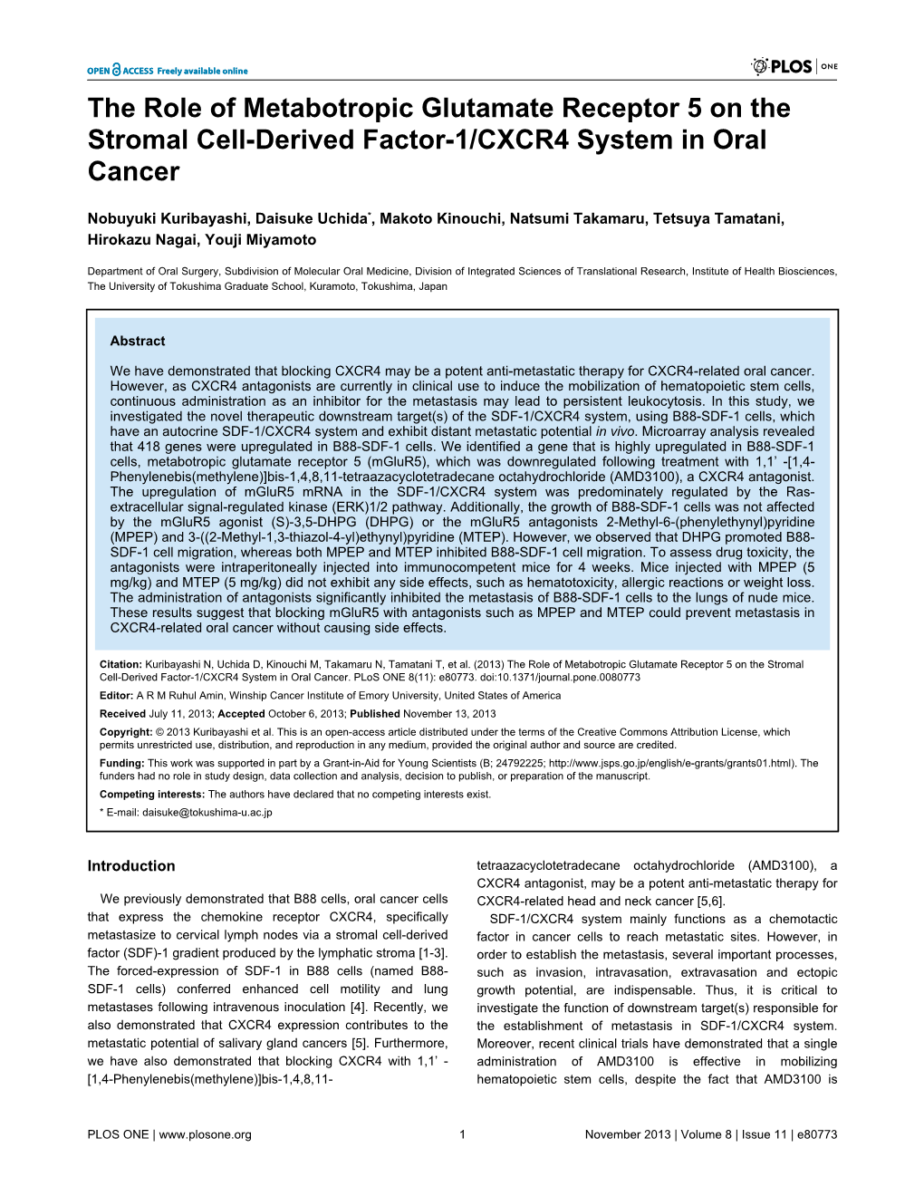 The Role of Metabotropic Glutamate Receptor 5 on the Stromal Cell-Derived Factor-1/CXCR4 System in Oral Cancer