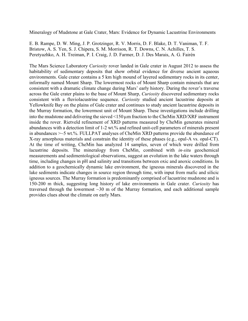 Mineralogy of Mudstone at Gale Crater, Mars: Evidence for Dynamic Lacustrine Environments