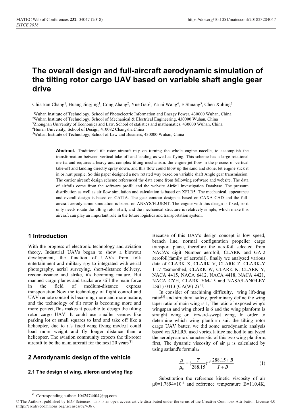 The Overall Design and Full-Aircraft Aerodynamic Simulation of the Tilting Rotor Cargo UAV Based on Variable Shaft Angle Gear Drive