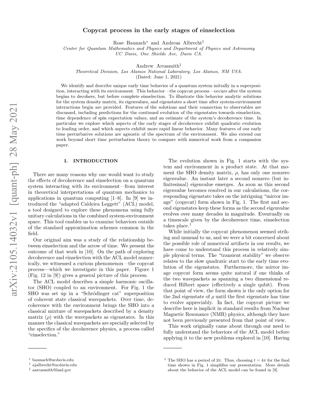 Arxiv:2105.14032V1 [Quant-Ph] 28 May 2021 the 2Nd Eigenstate of Ρ Until the ﬁrst Eigenstate Has Time of Coherent State Classical Wavepackets