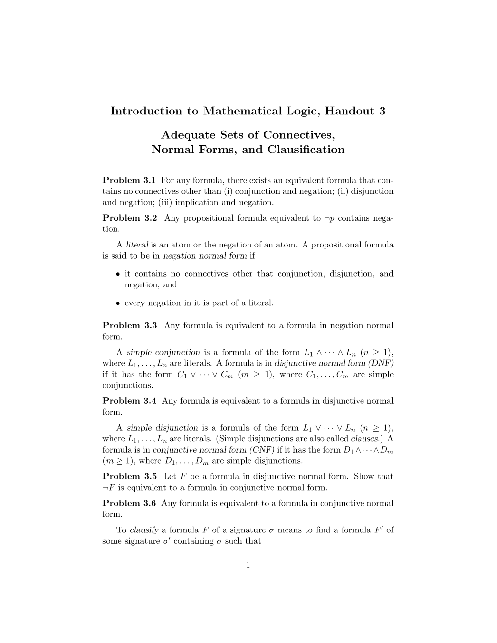 Introduction to Mathematical Logic, Handout 3 Adequate Sets Of