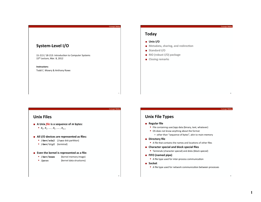 System-‐Level I/O Today Unix Files Unix File Types