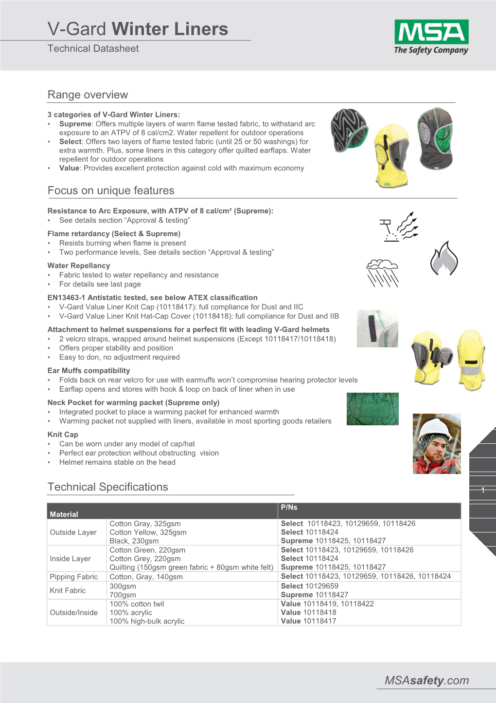 V-Gard Winter Liners Technical Datasheet