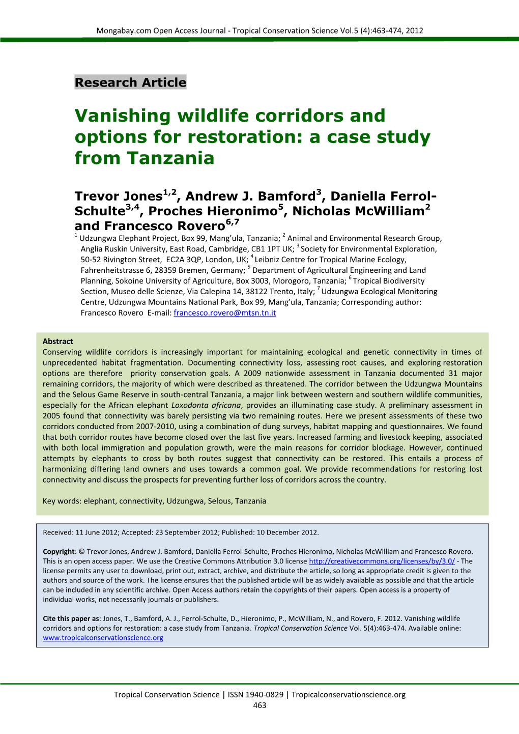 Vanishing Wildlife Corridors and Options for Restoration: a Case Study from Tanzania