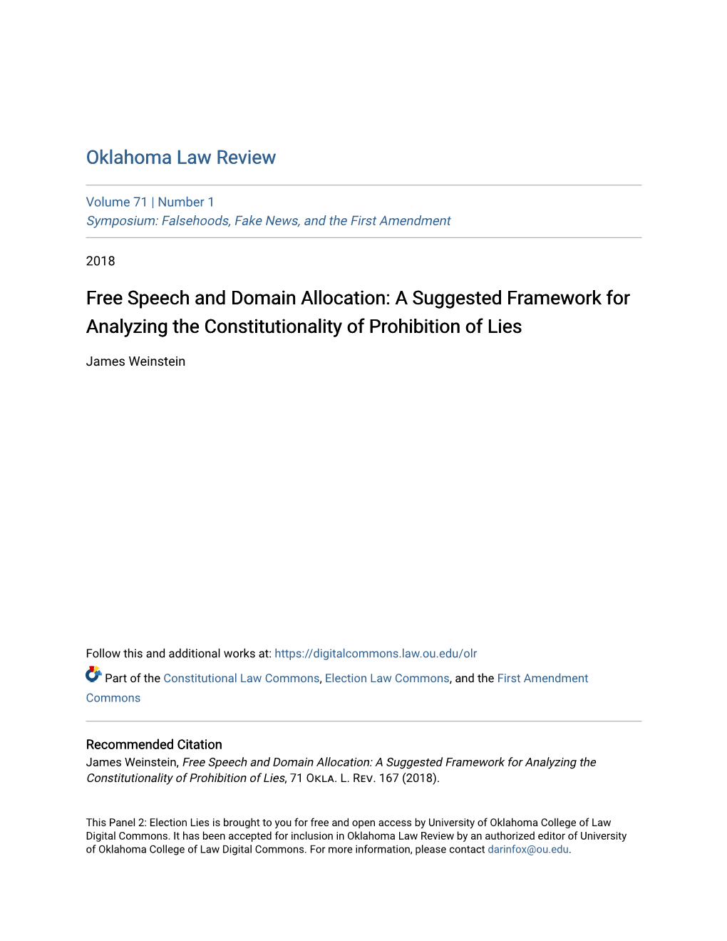 Free Speech and Domain Allocation: a Suggested Framework for Analyzing the Constitutionality of Prohibition of Lies