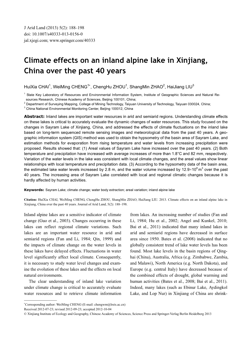 Climate Effects on an Inland Alpine Lake in Xinjiang, China Over the Past 40 Years