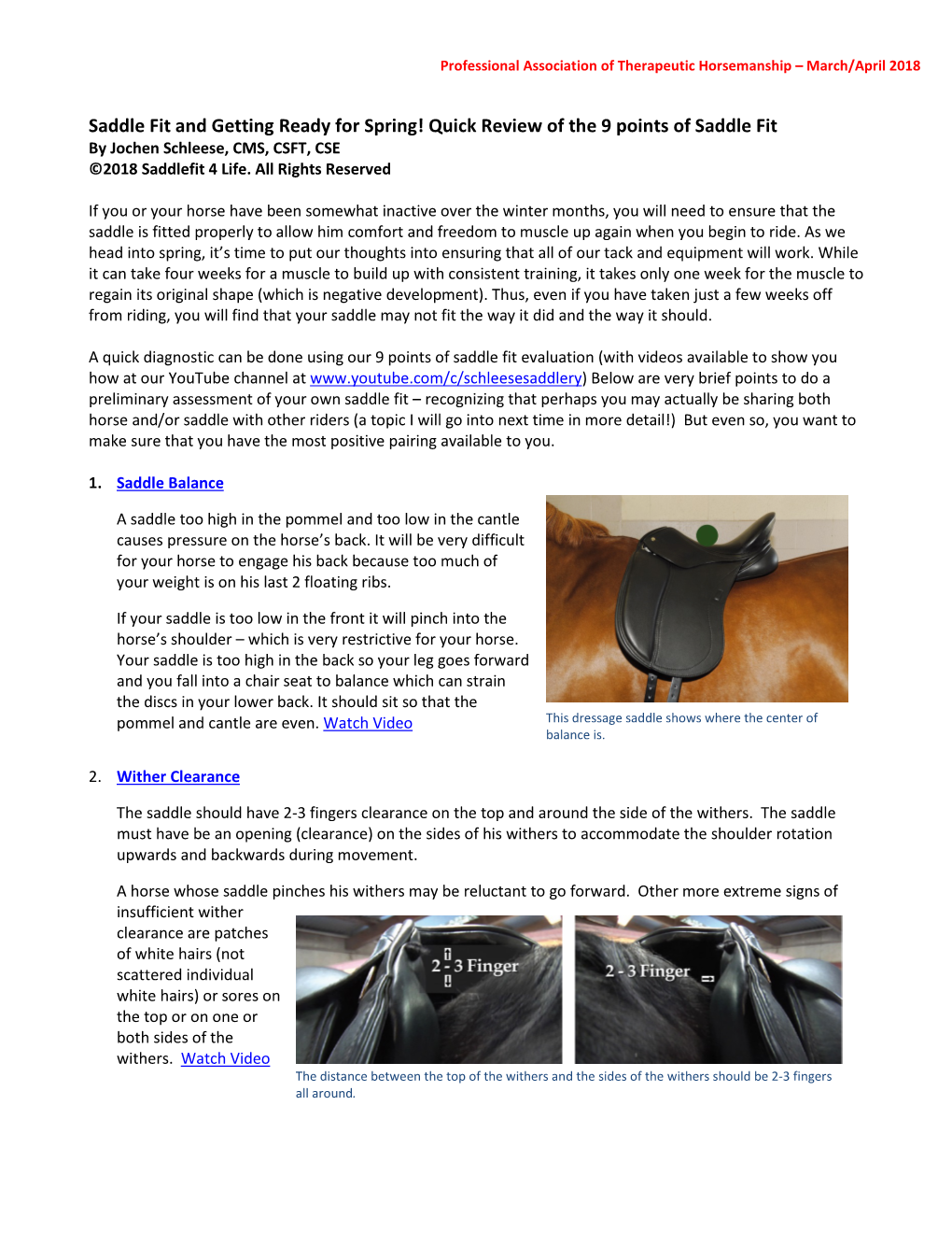 Quick Review of the 9 Points of Saddle Fit by Jochen Schleese, CMS, CSFT, CSE ©2018 Saddlefit 4 Life