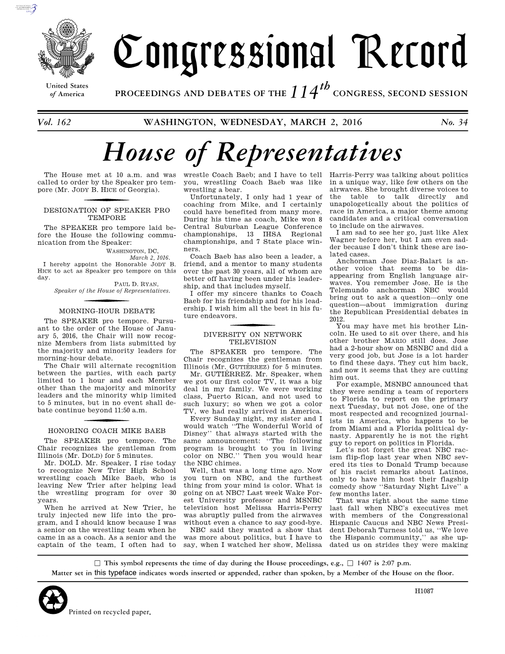 Congressional Record United States Th of America PROCEEDINGS and DEBATES of the 114 CONGRESS, SECOND SESSION