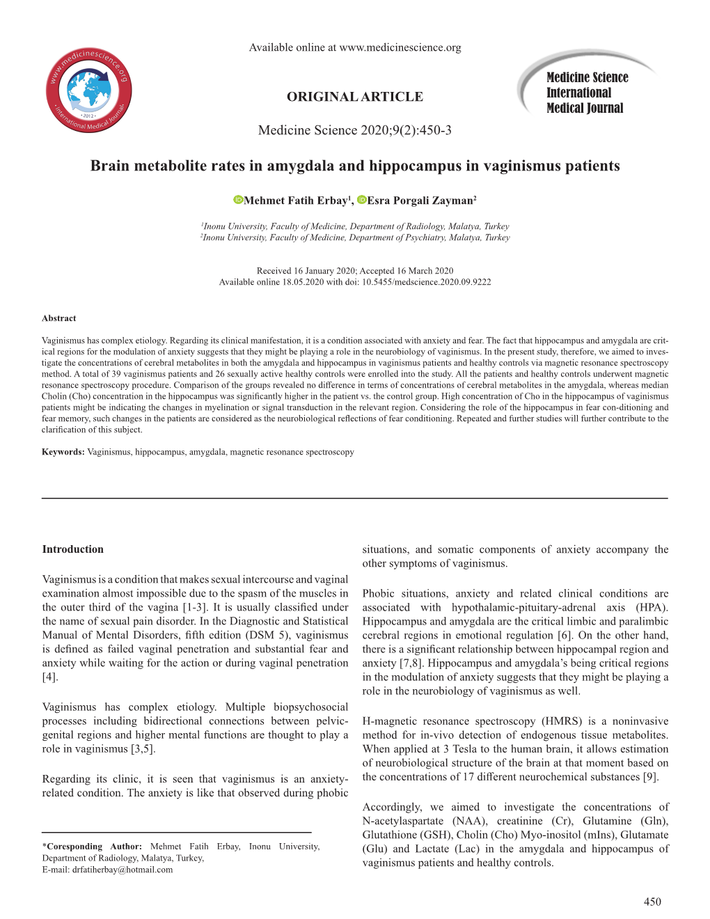 Brain Metabolite Rates in Amygdala and Hippocampus in Vaginismus Patients