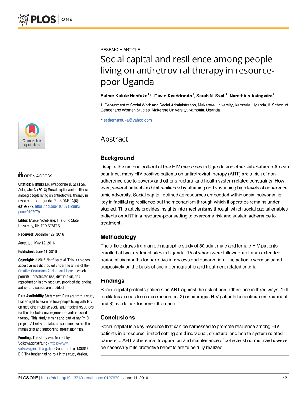 Social Capital and Resilience Among People Living on Antiretroviral Therapy in Resource-Poor Uganda