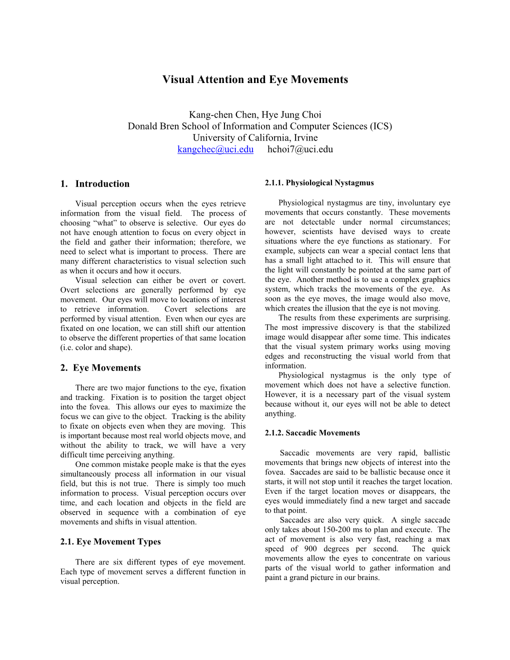 Visual Attention and Eye Movements