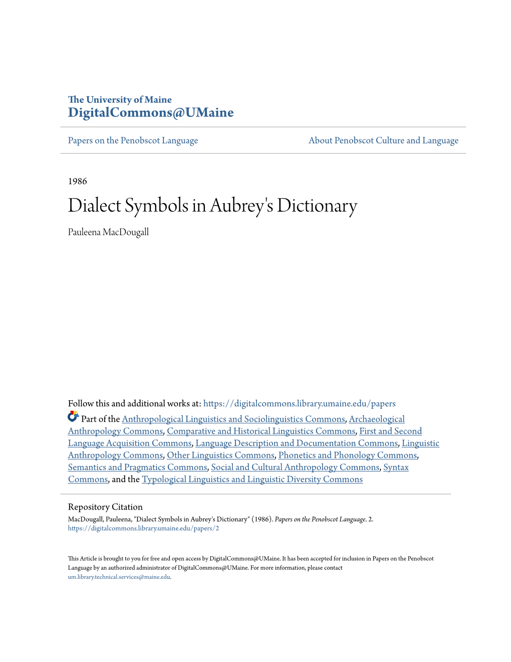 Dialect Symbols in Aubrey's Dictionary Pauleena Macdougall