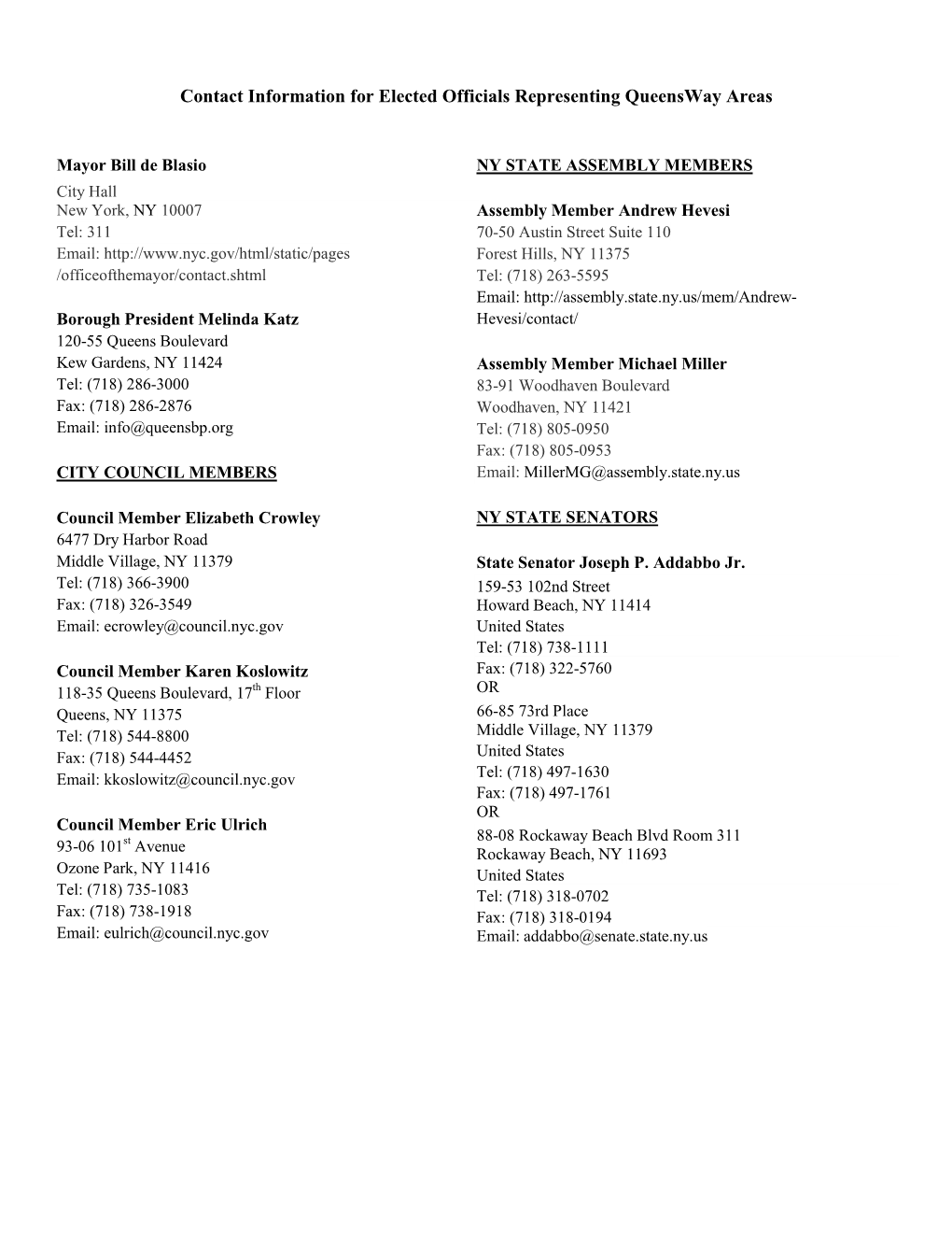 Contact Information for Elected Officials Representing Queensway Areas