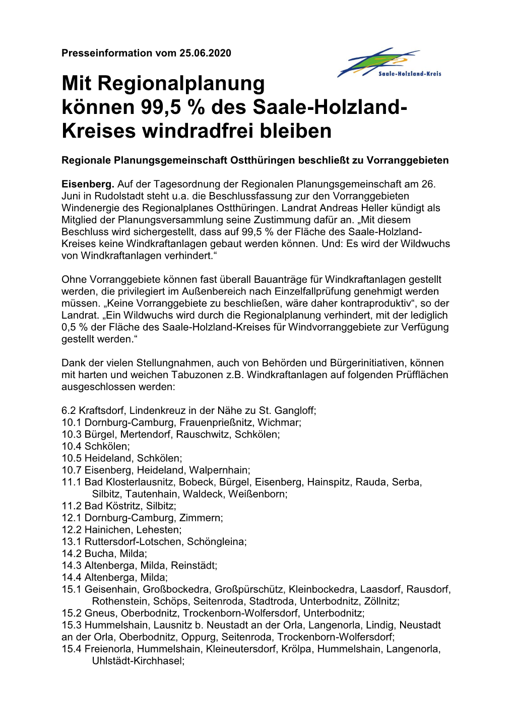 Mit Regionalplanung Können 99,5 % Des Saale-Holzland- Kreises Windradfrei Bleiben
