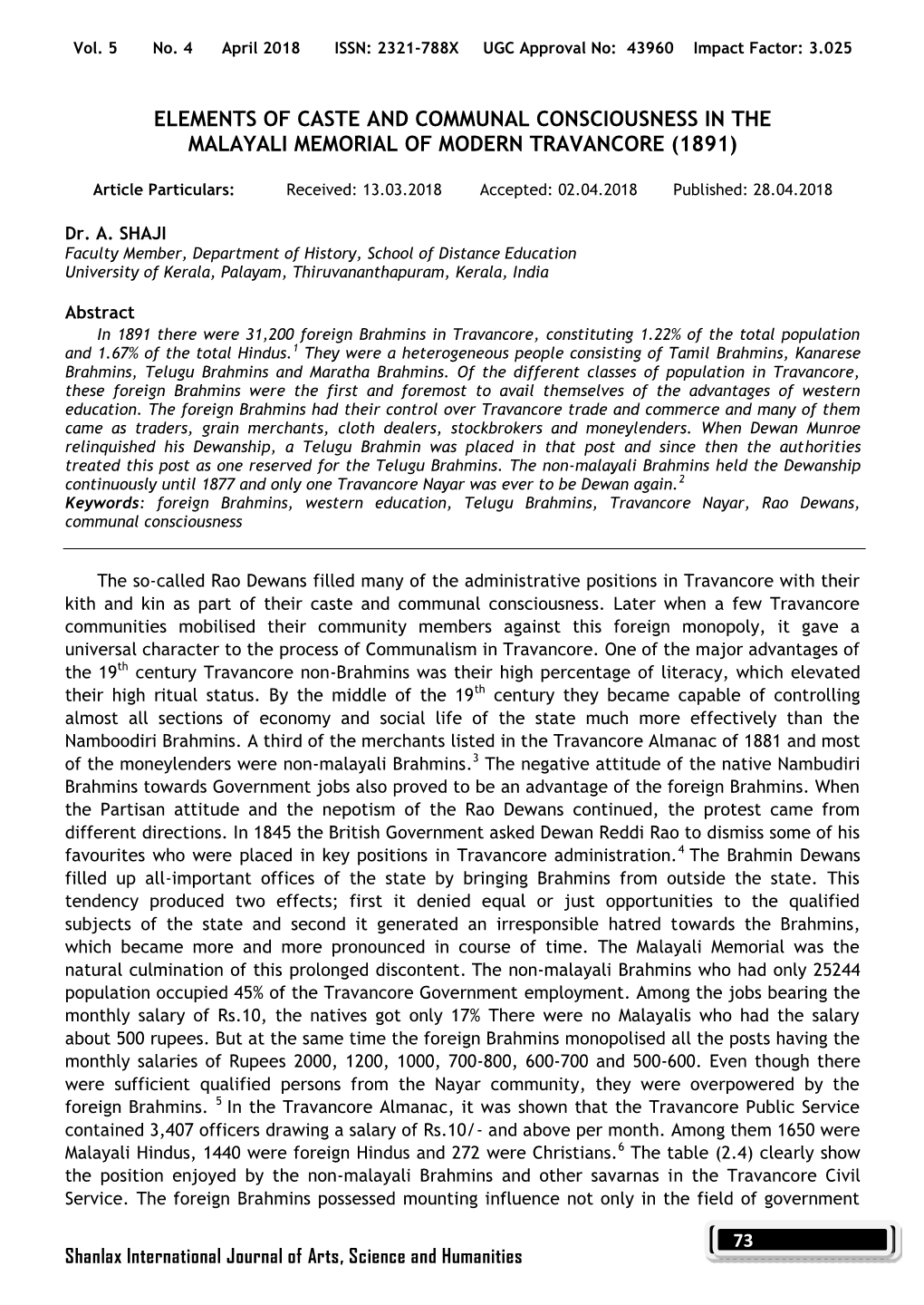 Elements of Caste and Communal Consciousness in the Malayali Memorial of Modern Travancore (1891)