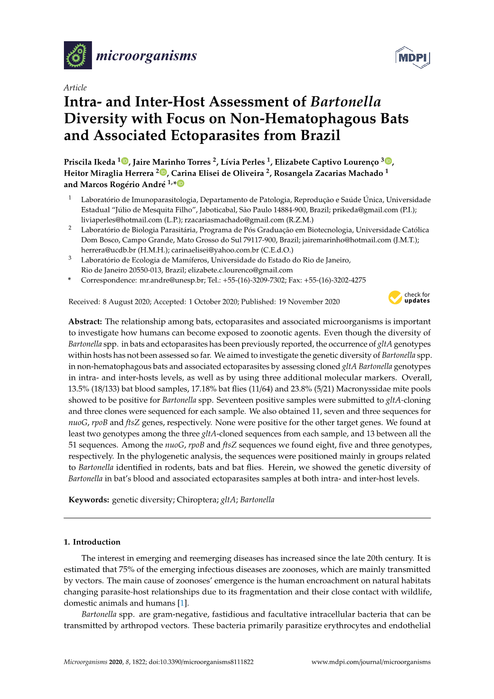 Intra- and Inter-Host Assessment of Bartonella Diversity with Focus on Non-Hematophagous Bats and Associated Ectoparasites from Brazil