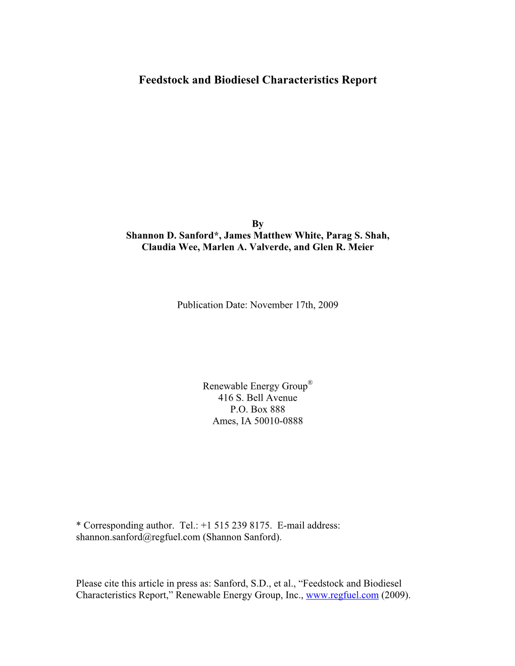 Feedstock and Biodiesel Characteristics Report