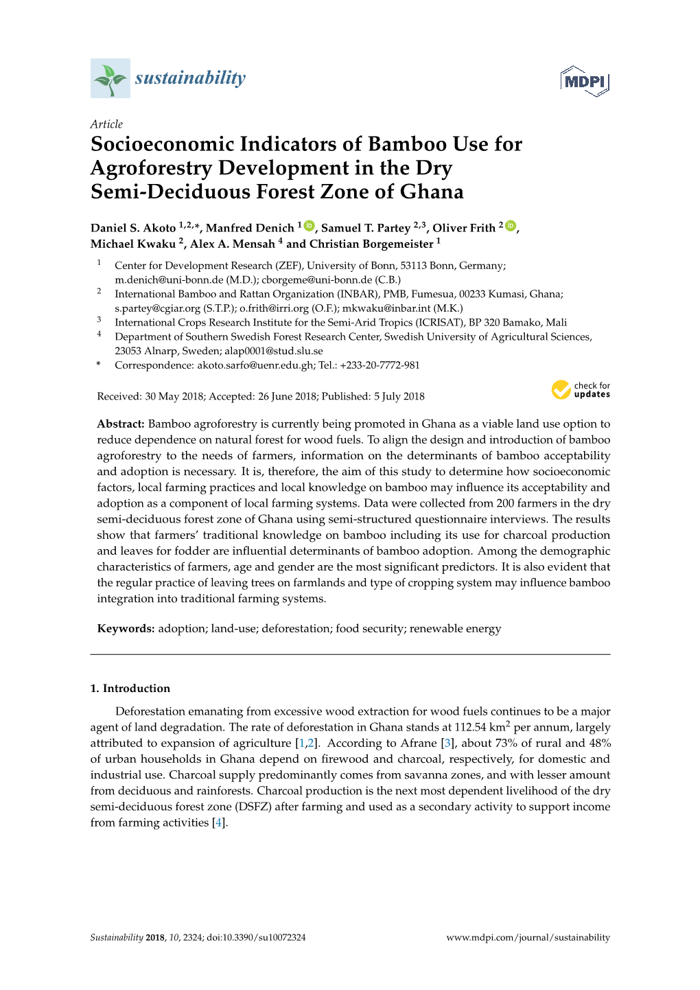 Socioeconomic Indicators of Bamboo Use for Agroforestry Development in the Dry Semi-Deciduous Forest Zone of Ghana