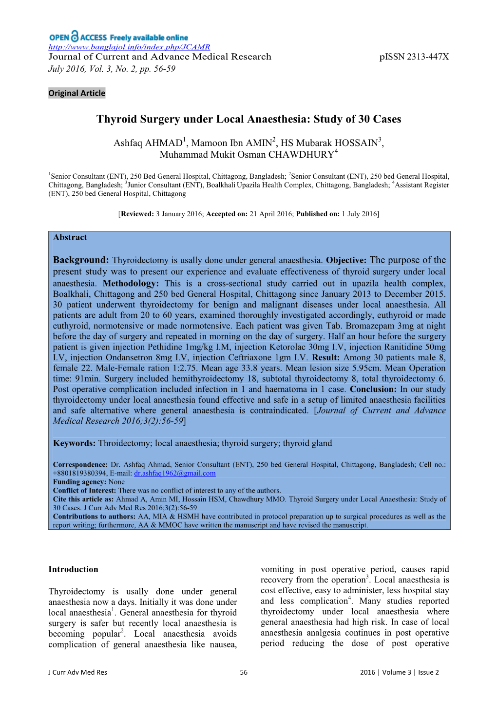 Thyroid Surgery Under Local Anaesthesia: Study of 30 Cases