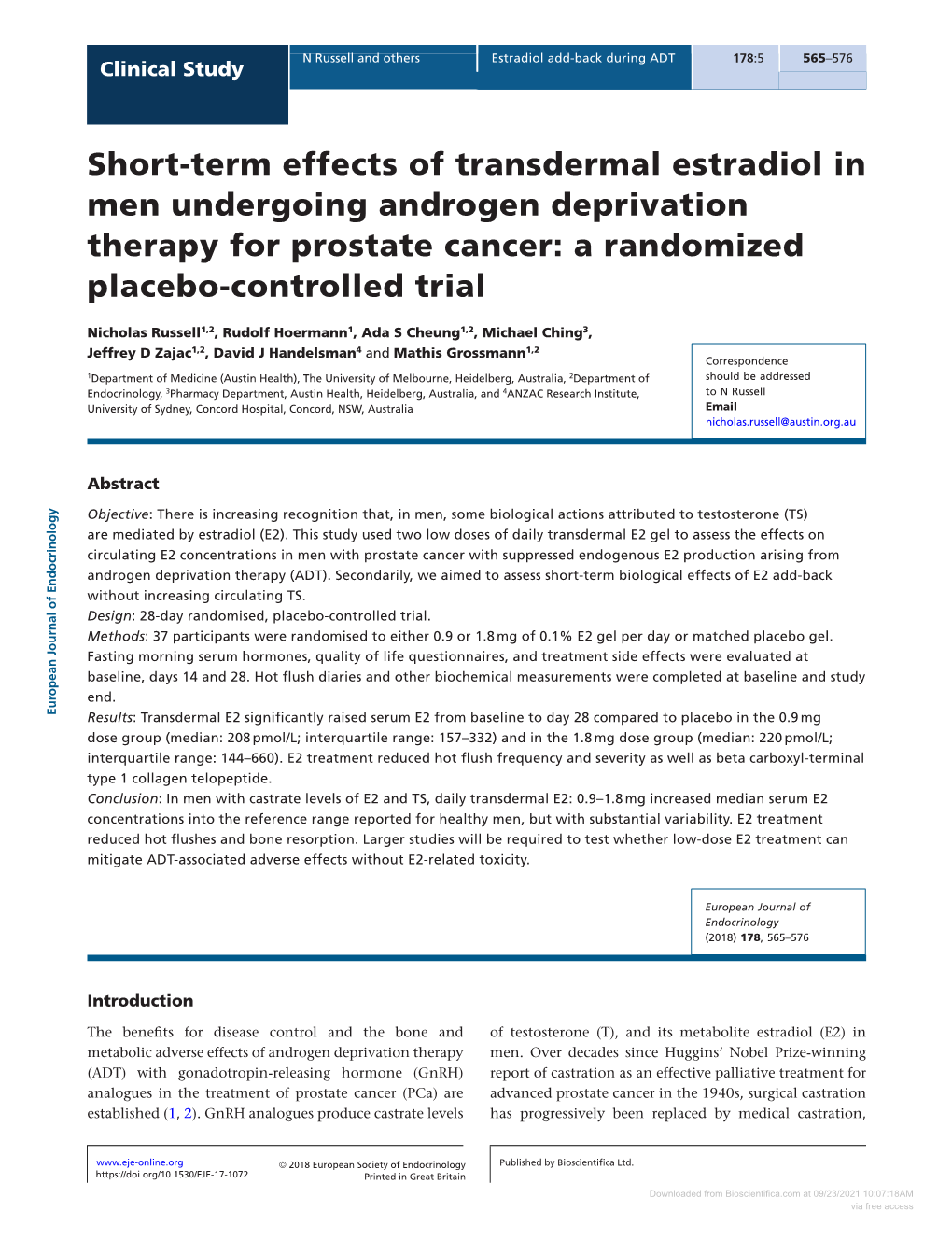 Short-Term Effects of Transdermal Estradiol in Men Undergoing Androgen Deprivation Therapy for Prostate Cancer